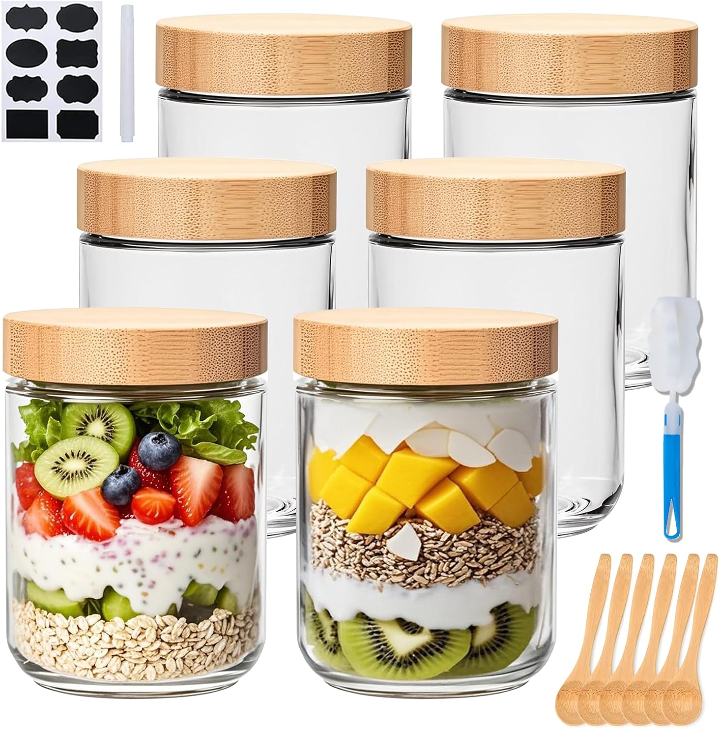 Encheng 16oz Glass Jars with Lids, Overnight Oats Containers with Bamboo Lids, Wide Mouth Glass Mason Jar Food Storage Containers for Salad,Yogurt,Meal Prep,6 Pack