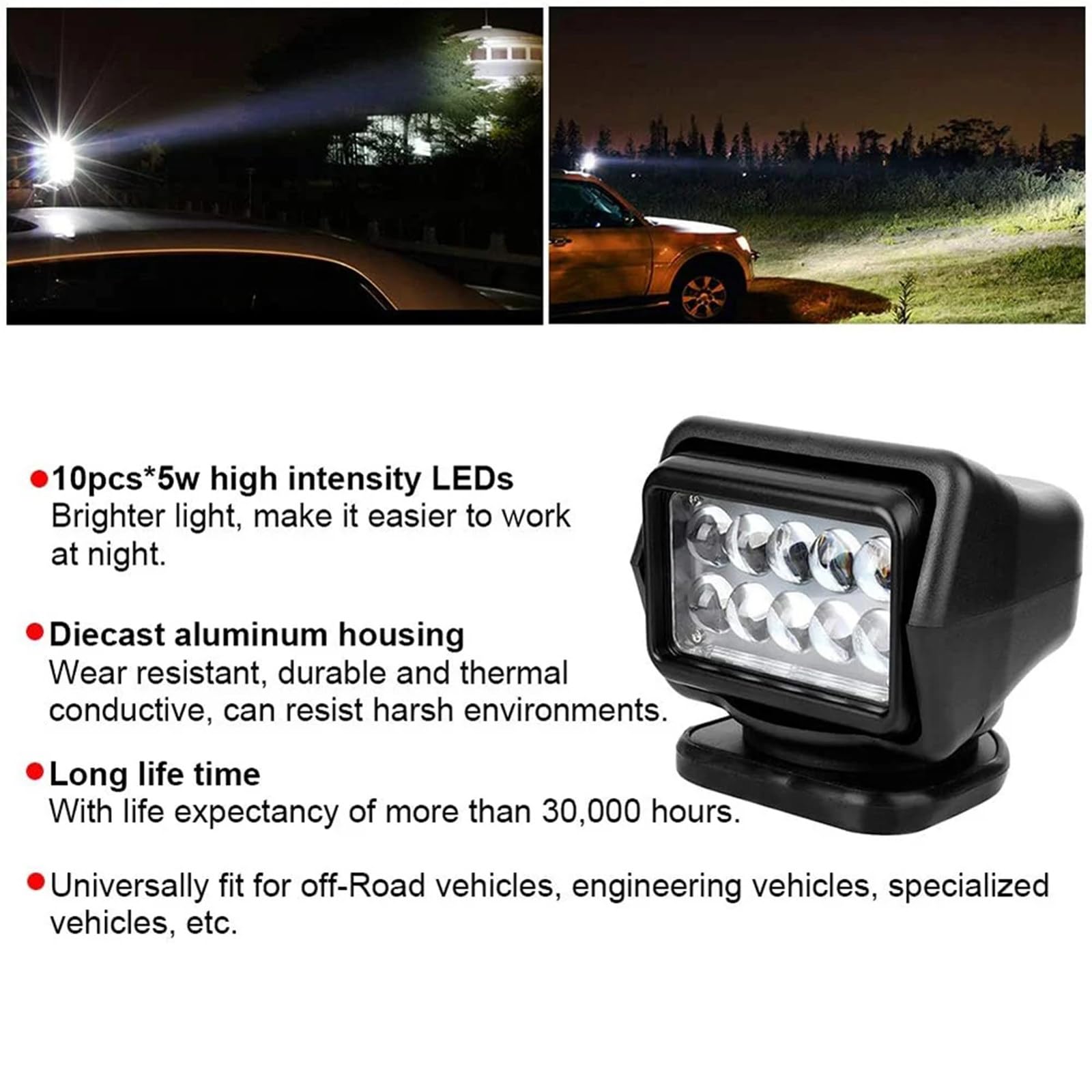 Reflektor LED ze zdalnym sterowaniem o mocy 50 W, zdalny silny reflektor Szperacz Światło zewnętrzne do pojazdów i statków,Black