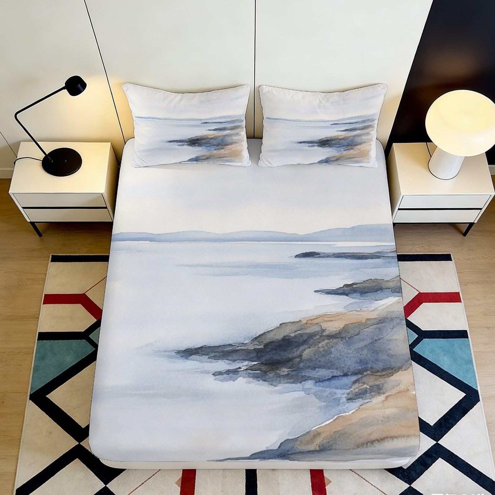 3D Printed Ocean Mist Fitted Sheet Microfiber Soft Breathable Coastal Landscape Mattress Cover Bedroom Decor 90x200x25cm