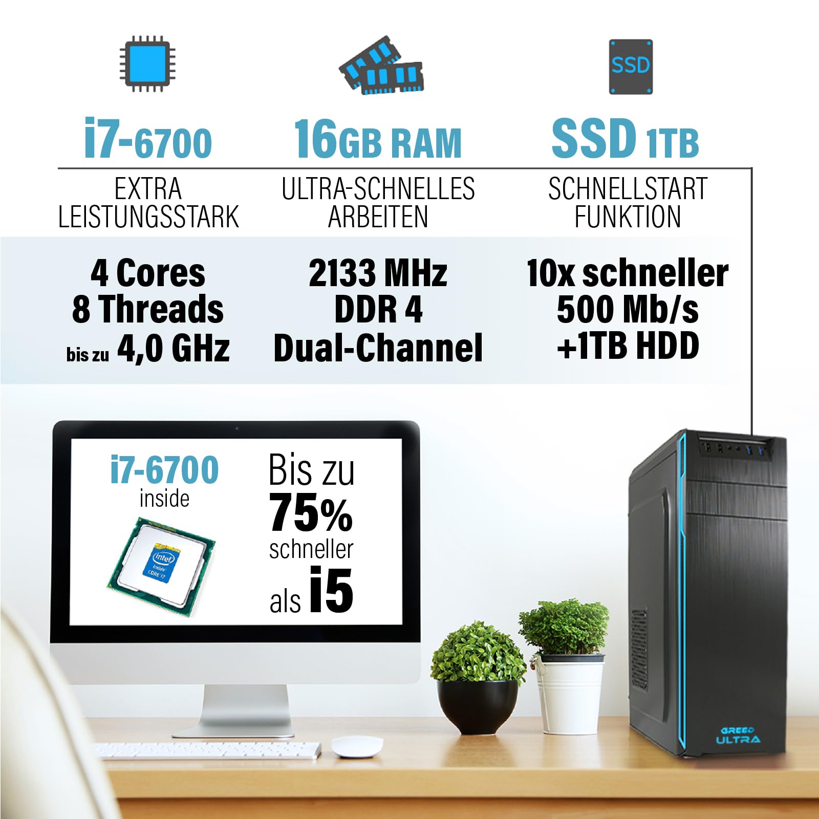 GREED® Ultra 7 - Schneller PC mit Intel Core i7 - Leiser Computer + Rechner für Büro & Home Office mit 4,0 GHZ, 16GB DDR4 RAM/Arbeitsspeicher - 1TB SSD + 1TB HDD - DVD+RW - WLAN - inkl Win 11 Pro