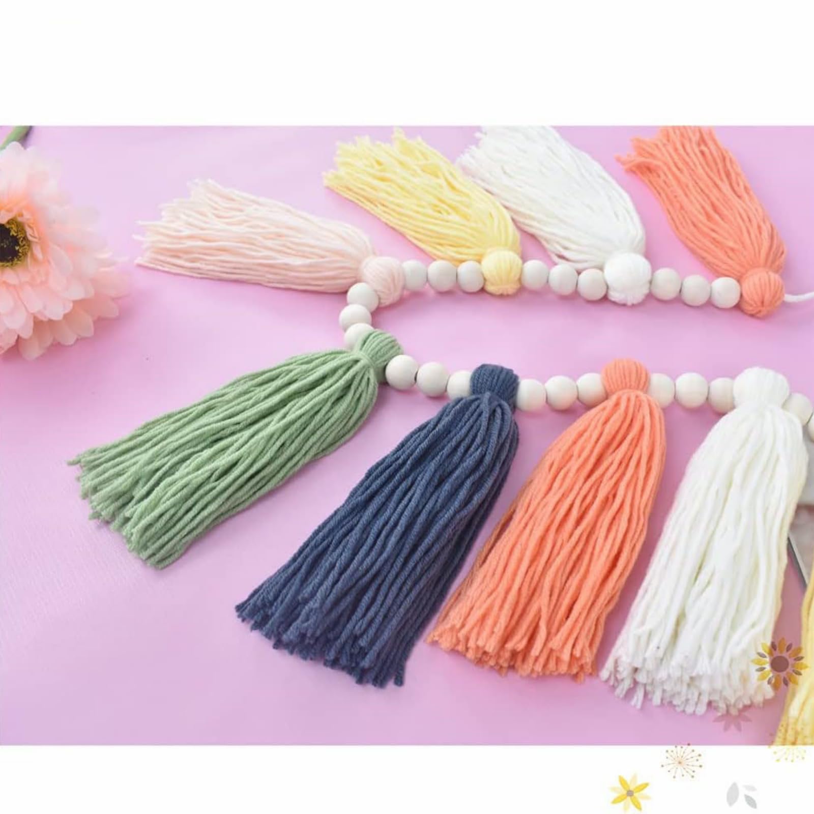 Handgemachte Regenbogen Wanddeko Wandteppich mit Holz Perlen und Quaste Girlande, Fallen Pastellfarbenes Quastenbanner Perle Quaste für Party, Klassenzimmer, Kinderzimmer, Schlafzimmer (4 pcs,rosa)