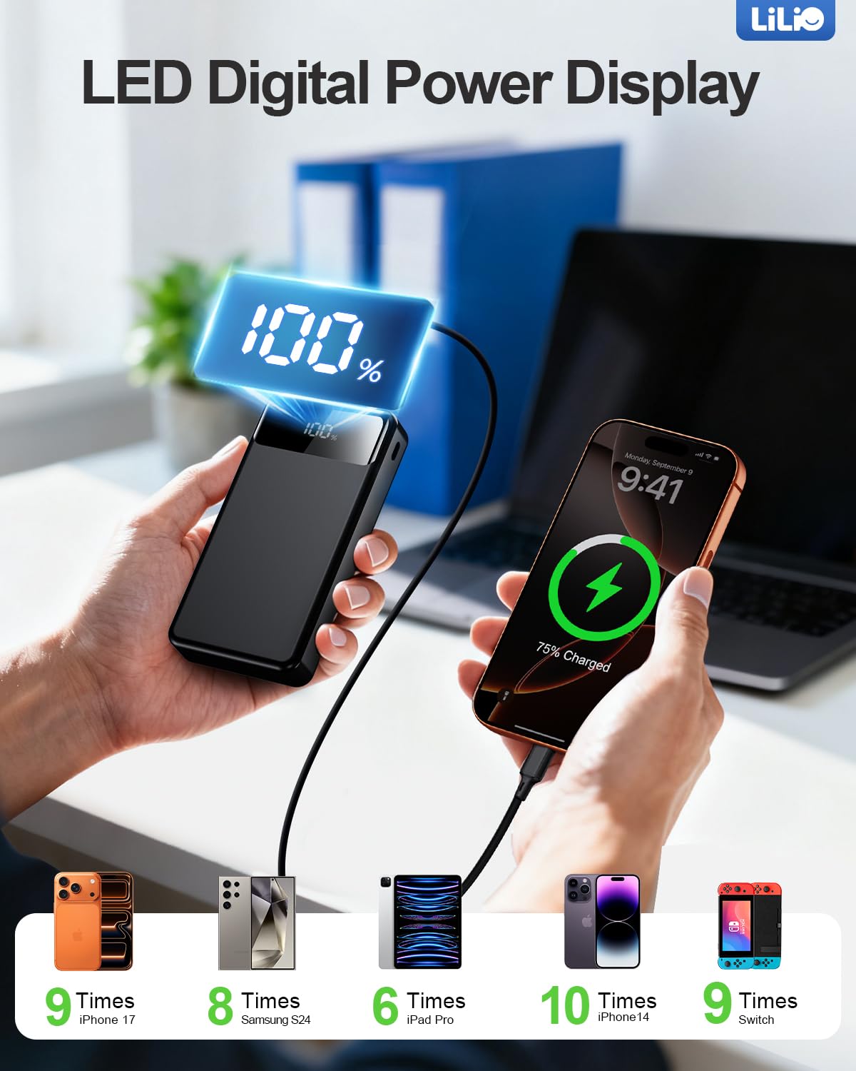 LILIO Cargador portátil, batería de 60,000 mAh, batería externa de 22,5 W, carga rápida con cable USB, cargador de teléfono para iPhone 17/16/15/14/13 todas las series/Samsung/Android, camping