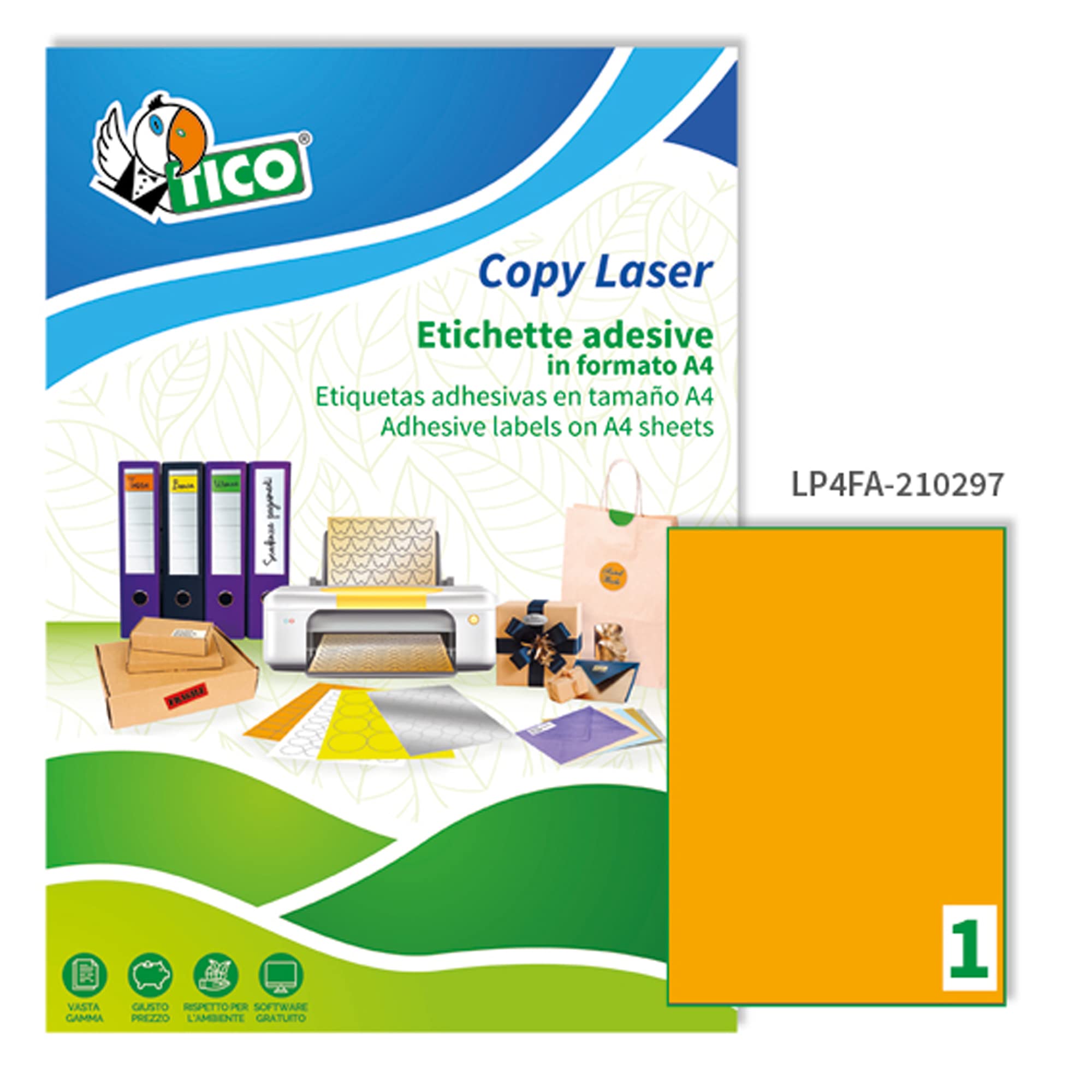 Tico Italia LP4FA-210297 Etichette adesive arancioni fluo, 70 fogli A4, rettangolari 210x297mm, 1 etichette per foglio, adesivo permanente, stampanti laser e inkjet