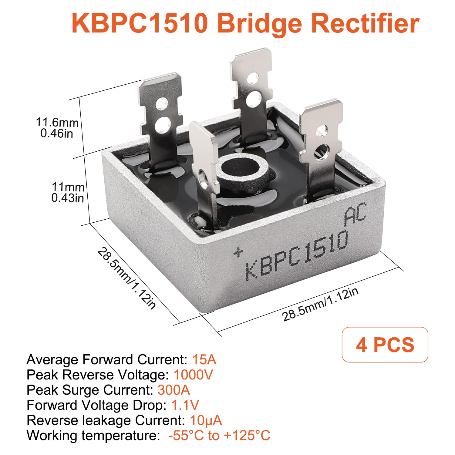 Diodi Raddrizzatori a Ponte KBPC1510 15A 1000V AC a DC Monofase, 4 Pezzi