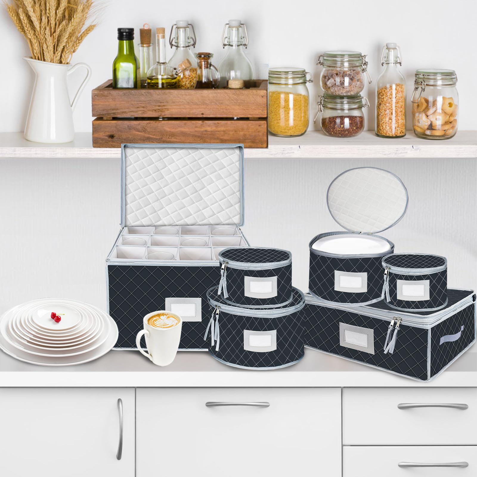 Juego de contenedores de almacenamiento para vajilla de porcelana - Estuches para vajilla, tazas y copas - Cajas acolchadas con divisores, asas, ventana transparente para tazas, platos y copas