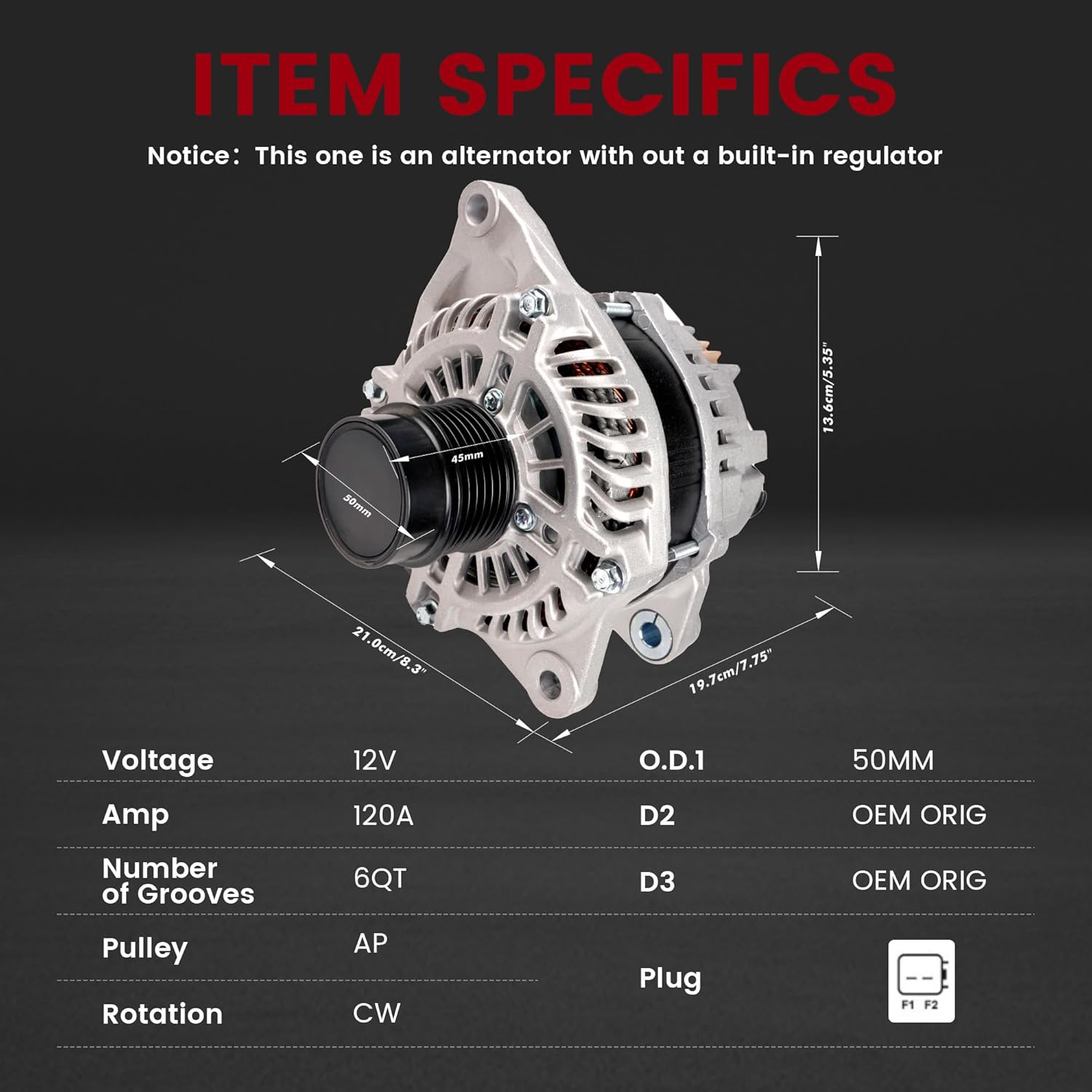 Alternator For/Dodge Journey se sxt avp base crossroad express 2009 2010 2011 2012 2013 2014 2015 2016 2017 2018 2019 2020 L4 2.4L 160AMP 12V 6-Groove Pulley 04801490AA A2TX0281 4801490AD