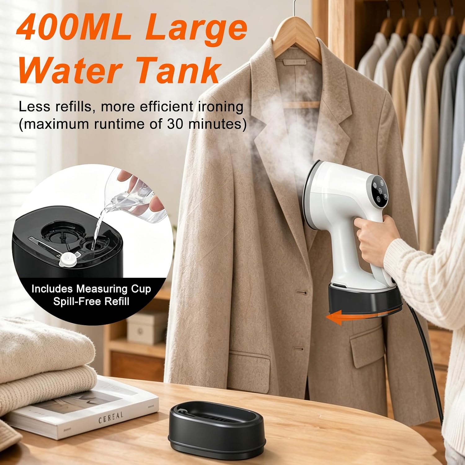 Vacuum Steamer for Clothes, Powerful Suction Handheld Garment Steamer | 2500-3600Pa Adjustable Suction, Steaming & Ironing 2-in-1, 15s Fast Heat-Up, 400ml Tank, Wrinkle Removal, Auto Shut-Off