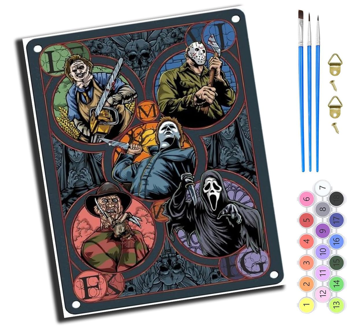 XIAOYOUQIAN Horror Movie Stained Glass,DIY Hand Oil Painting,Paint by Numbers Kits for Adults Beginner,for Home Living Room Bedroom Decor,16X20Inch，-Frameless
