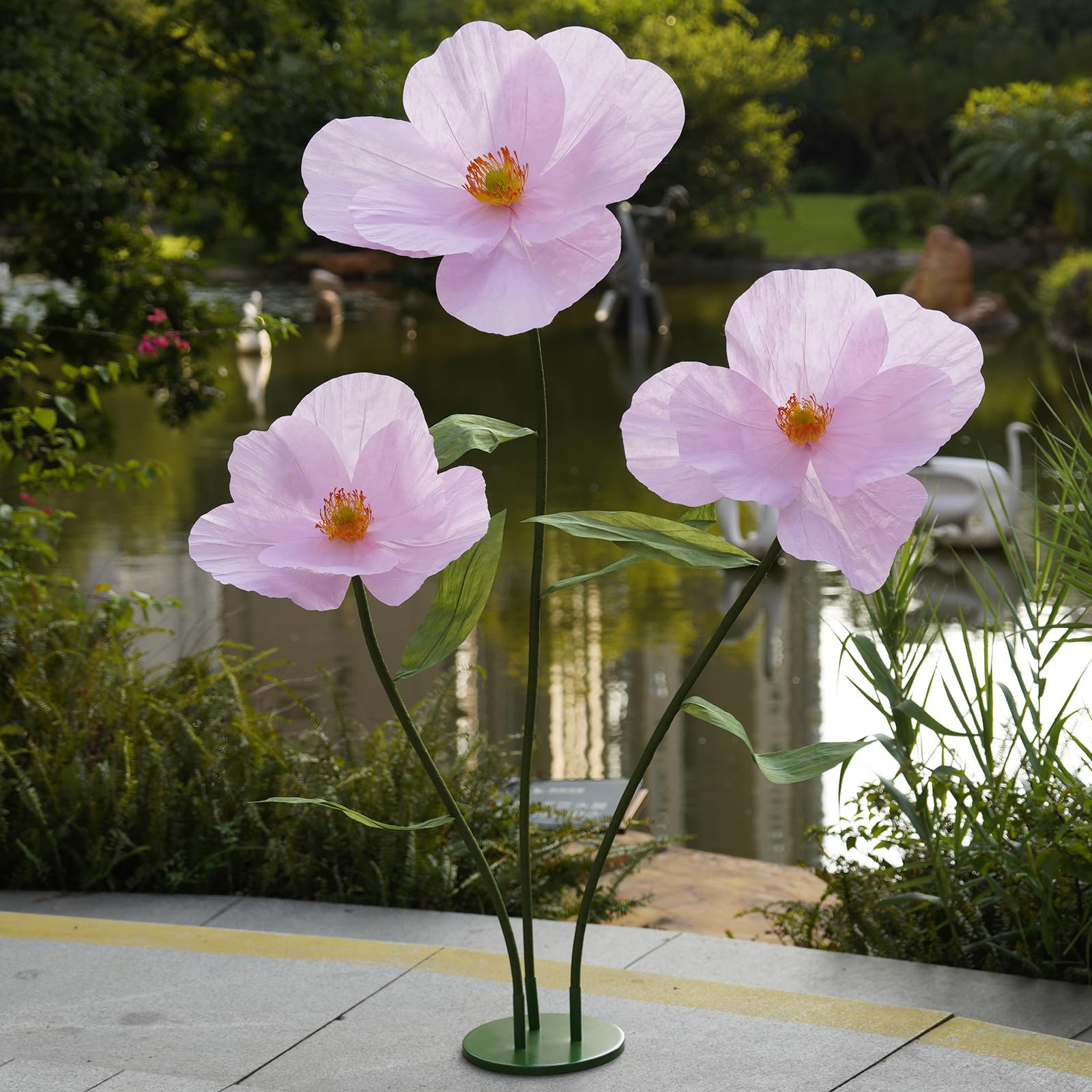 Photo 1 of ZEYEXE Large Paper Artificial Flowers,Giant Flowers for Decoration,Huge Handcrafted Poppy Fake Flowers with Stand for Home Decor Bridal Shower Party Outdoors Yard Event Backdrop Decor (Pink)