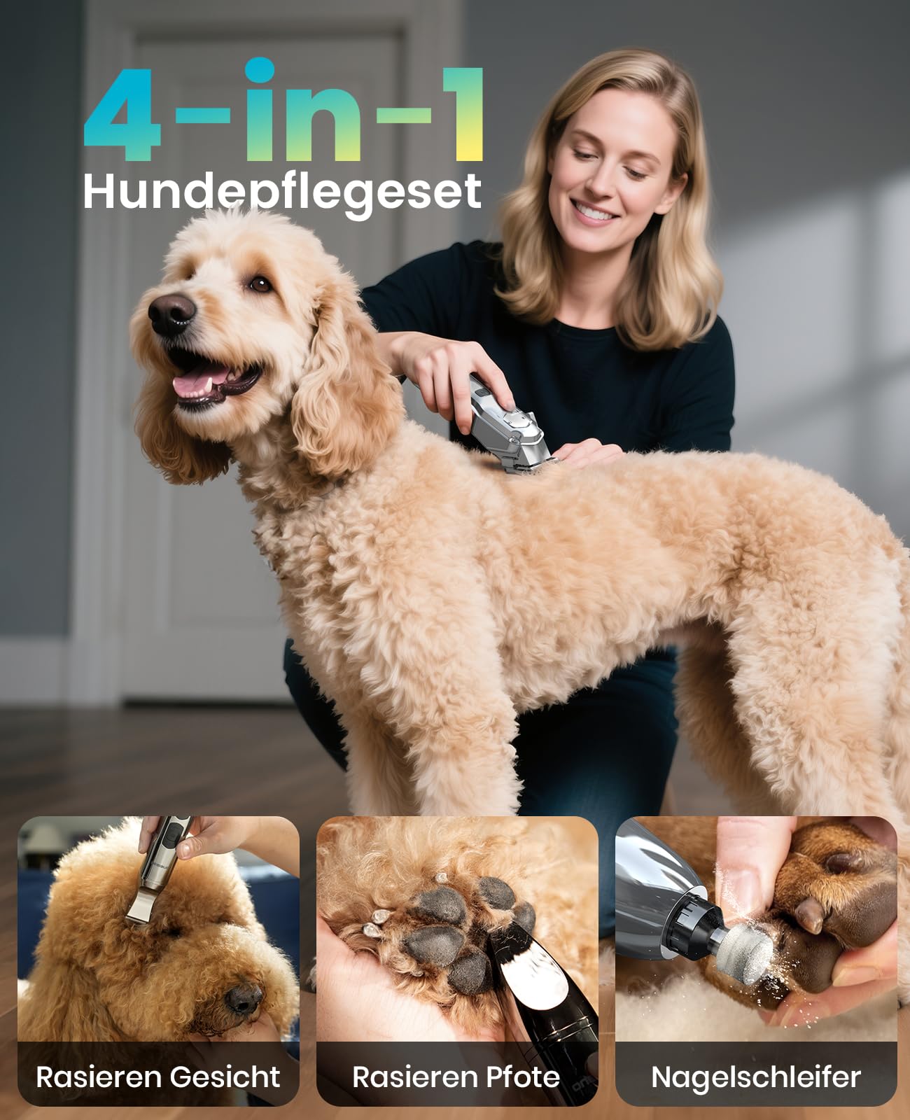 oneisall 4 in 1 Hundeschermaschine dickes/dichtes Fell, Leise Profi Schermaschine/Pfotentrimmer/Nagelschleifer für kleine und große Hunde Katzen, 4h Akku