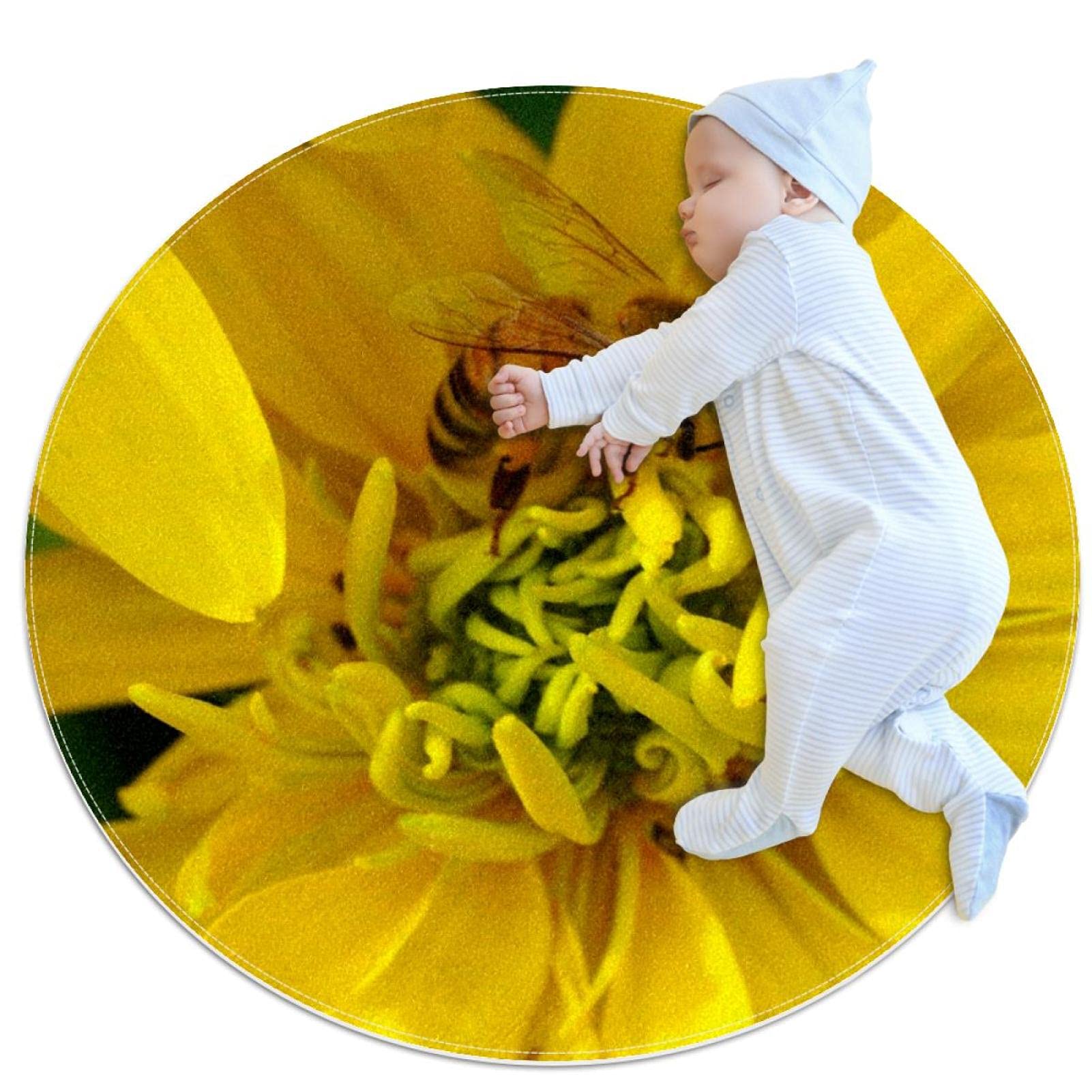 Tapis de salle de bain rond 1m antidérapant motif fleur jaune abeille