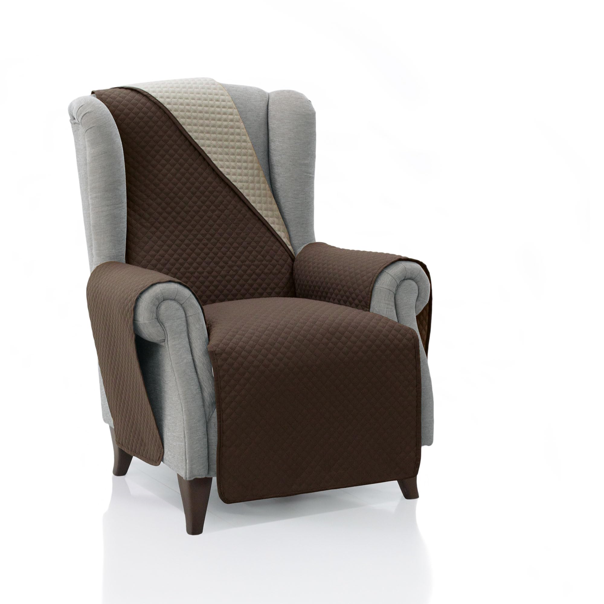 Cubre Sillón Acolchado 1 Plaza - 55 cm (Asiento) | Modelo REQUENA | Marrón-Beige Reversible | Protector Compatible con Sillones Relax y Orejero | Loneta Lavable | Fabricado en España