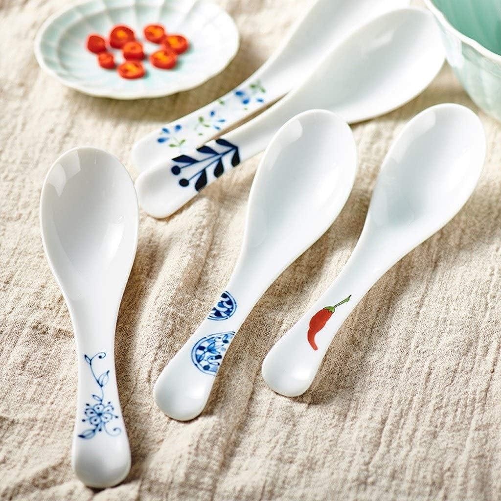 Scoop 4-Piece Household Ceramic Long Handle Spoon Rice Spoon Spoon Appetizer Spoon Set Beautiful Painted Handles Suitable for Home Kitchen or Restaurant Soup Spoon (Color : B)
