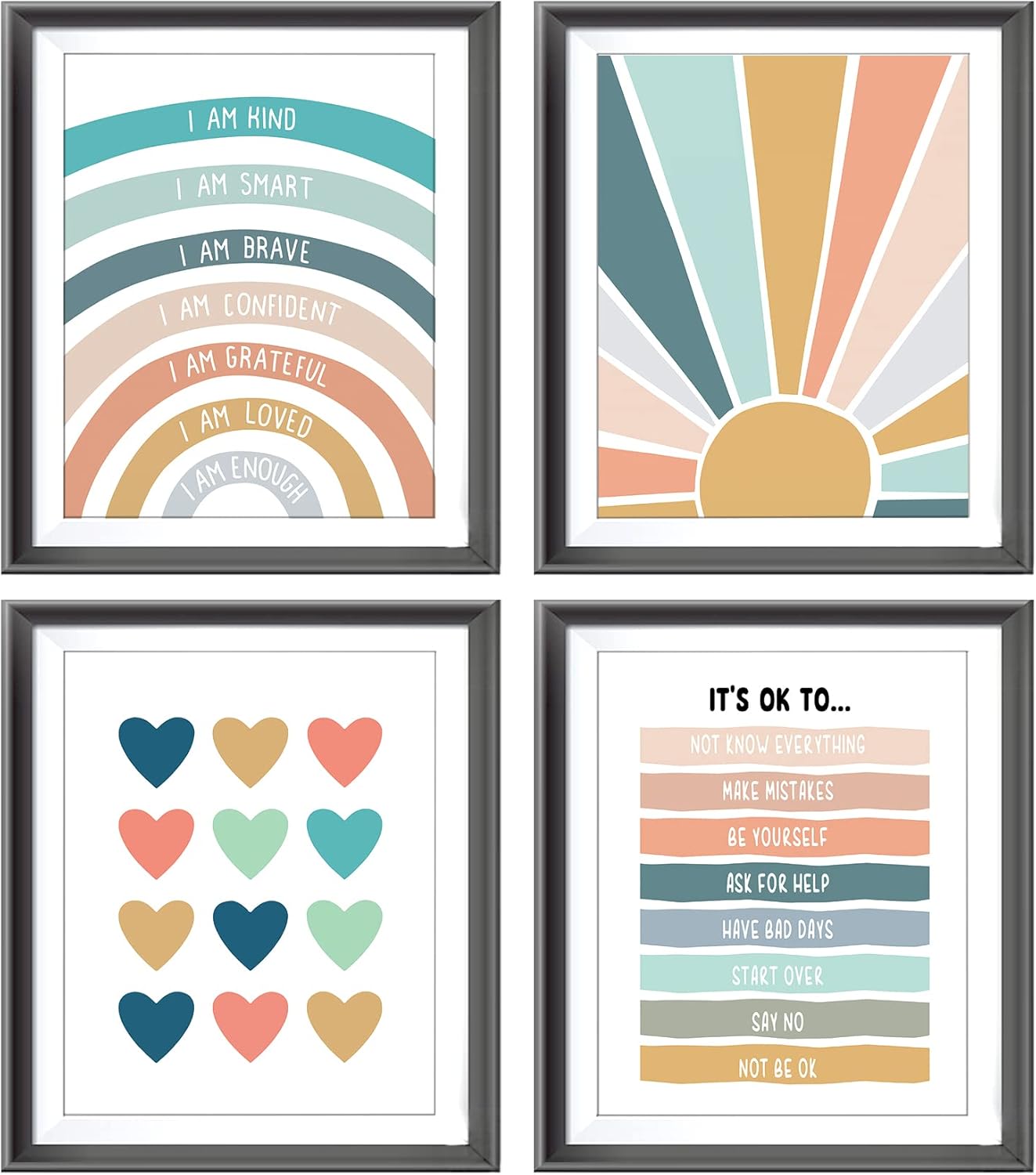 I Am Kind Smart Brave Positive Affirmations Mental Health Poster Prints for Teens Room Playroom Nursery Classroom Decor,Boho Rainbow Sunshine Decorations Prints Wall Art Unframed 4pcs 8×10 Inches