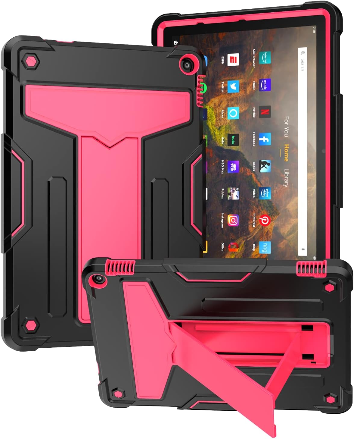 Kindle Fire HD 10 & 10 Plus 10.1" Tablet Case (Only Fits 11th Generation,2021 Release) with Kickstand Shockproof 3 in 1 Heavy Duty Rugged Hybrid Hard PC/Soft Silicone Cover, Black & Rose Red