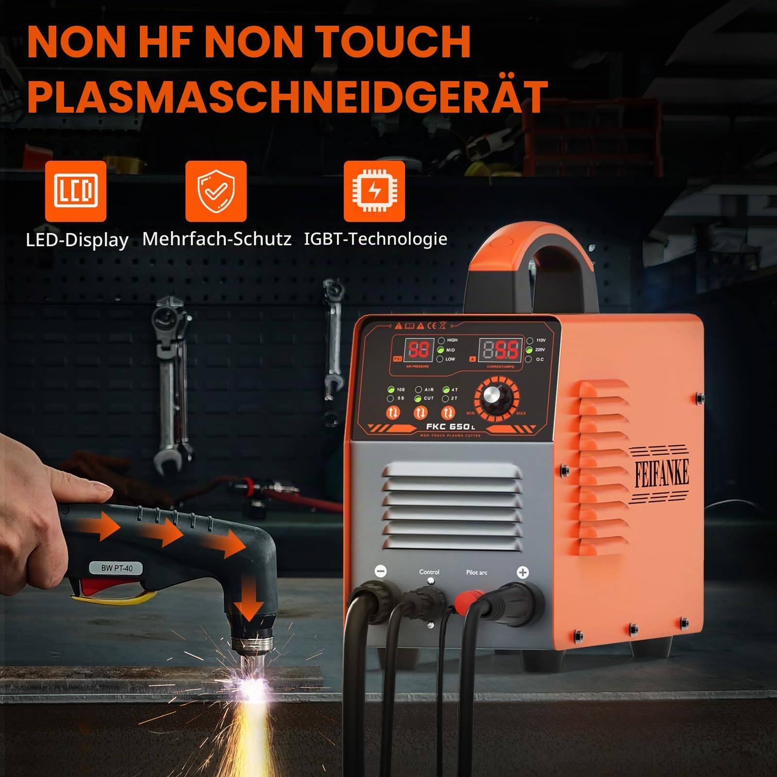 FEIFANKE 230V 75A Plasmaschneider IGBT 25MM Max Berührungslose Hochfrequenzzündung 2T/4T Betrieb für Stahl Edelstahl Kupfer Aluminium