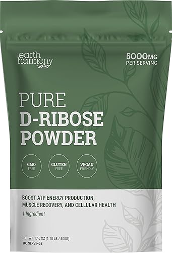 Earth Harmony D-Ribosa en polvo de 5000 mg  Ideal para el rendimiento del ejercicio, después del entrenamiento y la salud del corazón  Similar a las