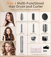 Vista 6 de Kit de cepillo de secador de pelo 9 en 1, potente secadora profesional de aire caliente de 1200 W con funda, rizador de aire automático de 110,000