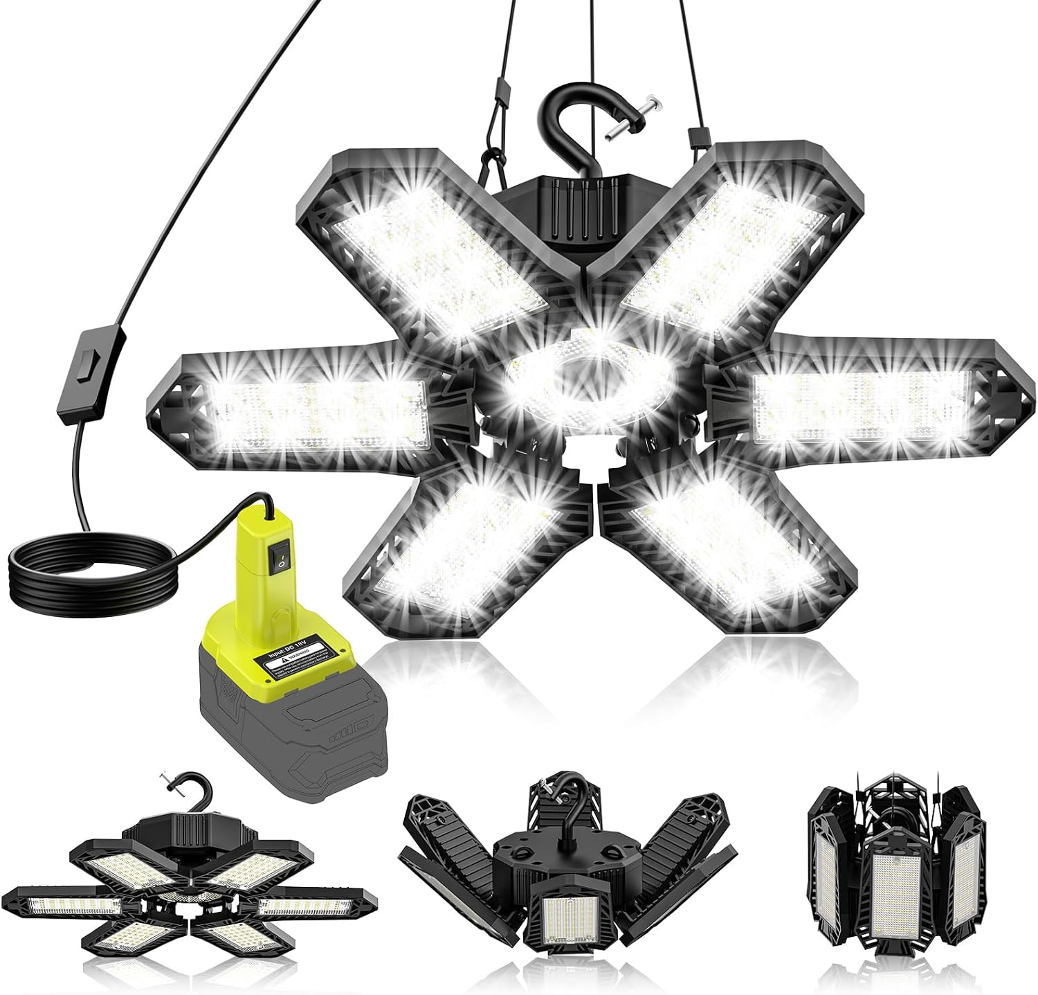 LED Work Light Compatible with Ryobi 18V Battery - 68W 6800LM Garage Flood Light 6+1 Deformable Panels Pendant Ceiling Light, Emergency Camping Light for Shed, Workshop, Job Site