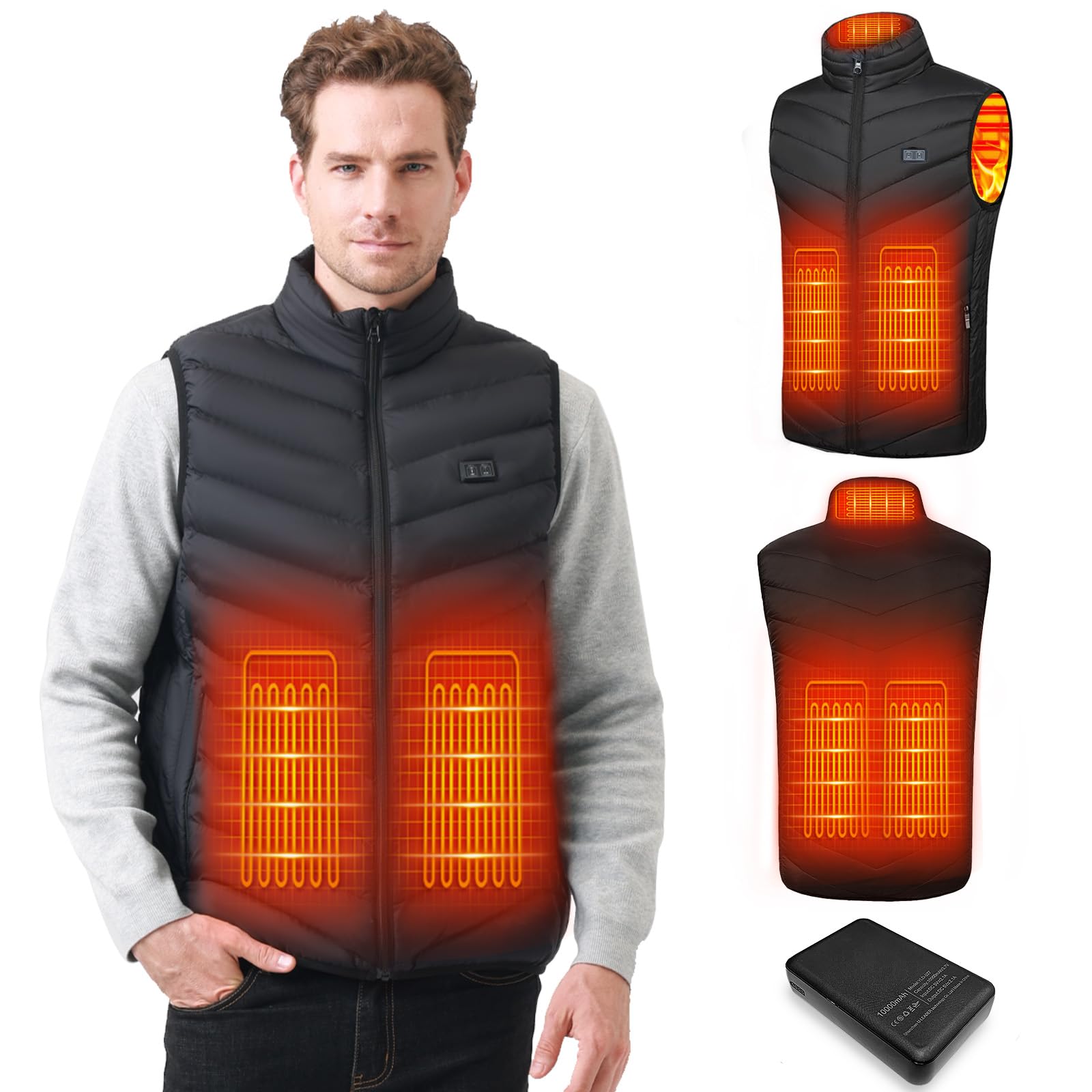 Chaleco Calefactable Hombre con Batería De 10000 mAh, 3 Temperaturas, 5 Zonas de Calentamiento, Chaqueta Calefactable con Carga USB, para Esquí, Motociclismo, Senderismo y Pesca