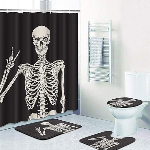 Miniatura 3 de ArtSocket Juego de baño de esqueleto humano con cortina de ducha y alfombras, accesorios de cortina de ducha de calavera de roca, cortina de ducha