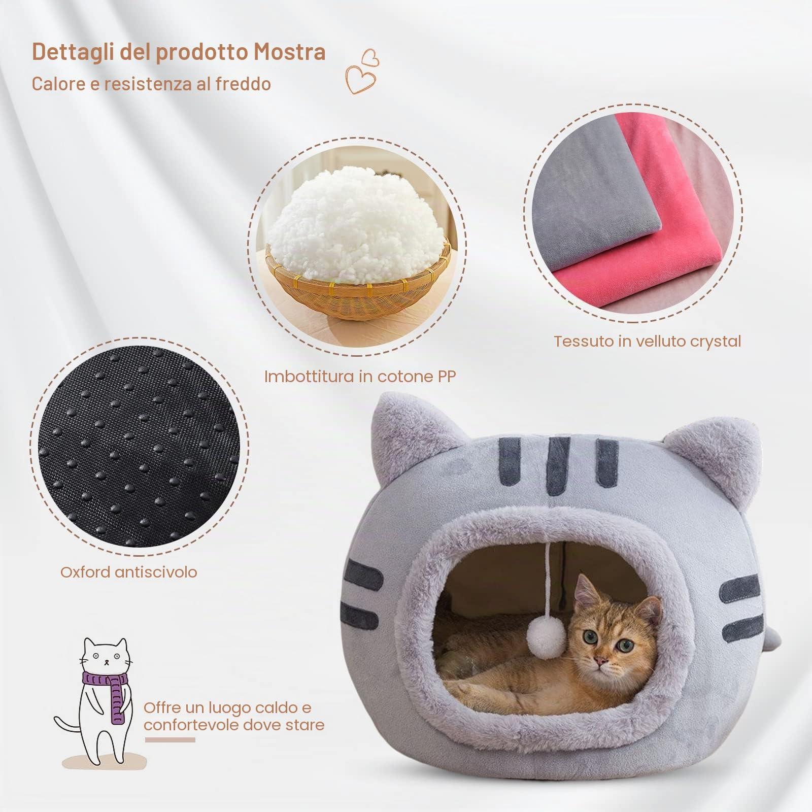 PETCUTE Cuccia per Gatti e Cani con Cuscino Rimovibile Lavabile, Fondo Antiscivolo, Morbida Nicchia per Conigli/Cuccioli