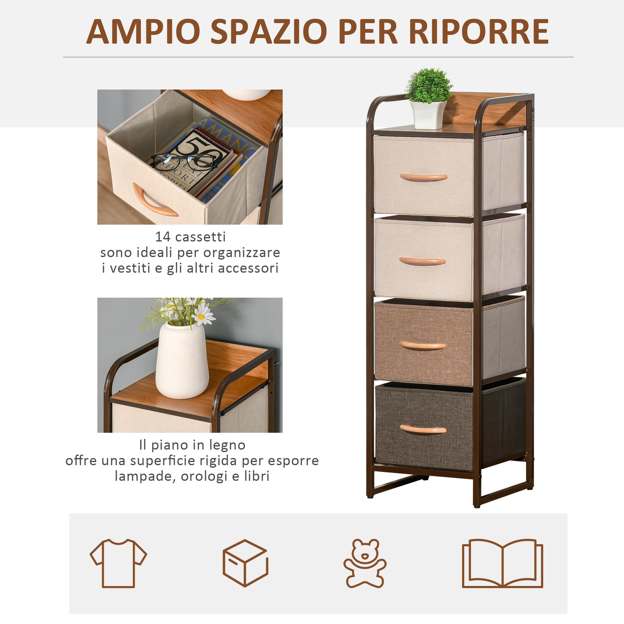 HOMCOM Cassettiera in Tessuto Slim Salvaspazio con 4 Cassetti Pieghevoli, Mobile con Cassetti Compatto in Metallo per Camera da Letto, Soggiorno, 31x29x99 cm, Multicolore