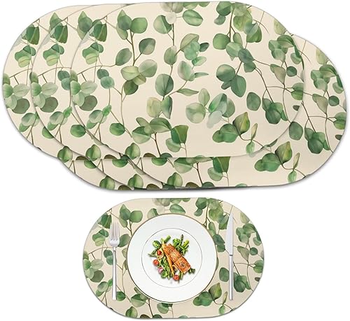 Miniatura 125 de Heat Resistant Placemats Oval Placemats Set of 6 Leather Washable and Wipeable Non Slip Place Mats, Waterproof Modern Dining Table Mats, Oval Floral