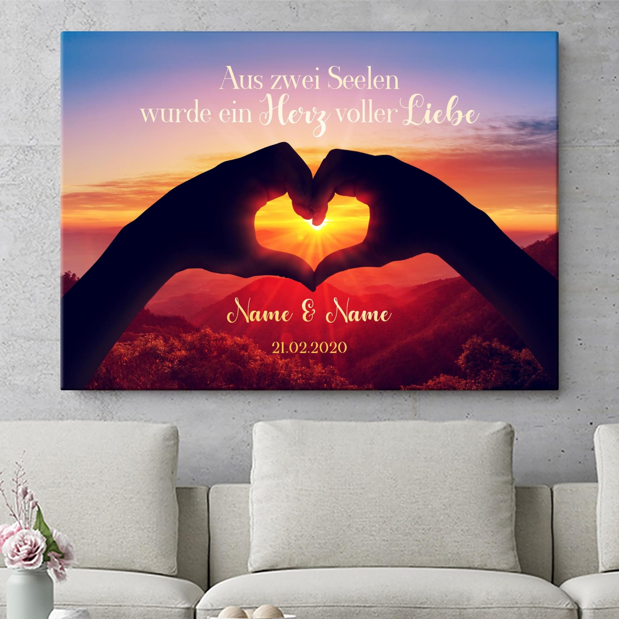 Liebesleinwand Individuelles Wandbild Zwei Seelen werden ein Herz | Jahrestag, Hochzeitstag Geschenke für Frauen | Leinwand mit Namen und Datum gestalten
