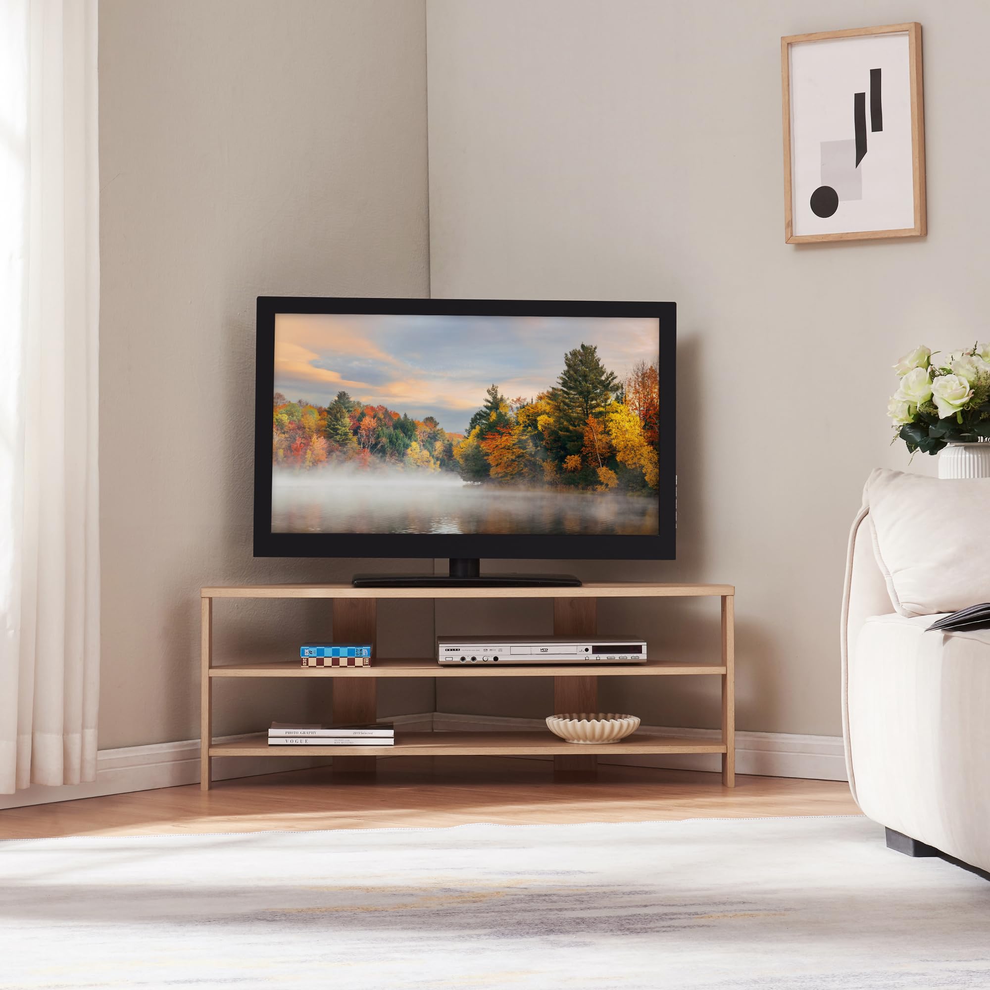 [en.casa] Mobile Porta TV con 2 Ripiani Tavolo Basso Aperto Espositore Angolare Stand Multimediale per Soggiorno Studio 110 x 36 x 42 cm - Effetto Rovere