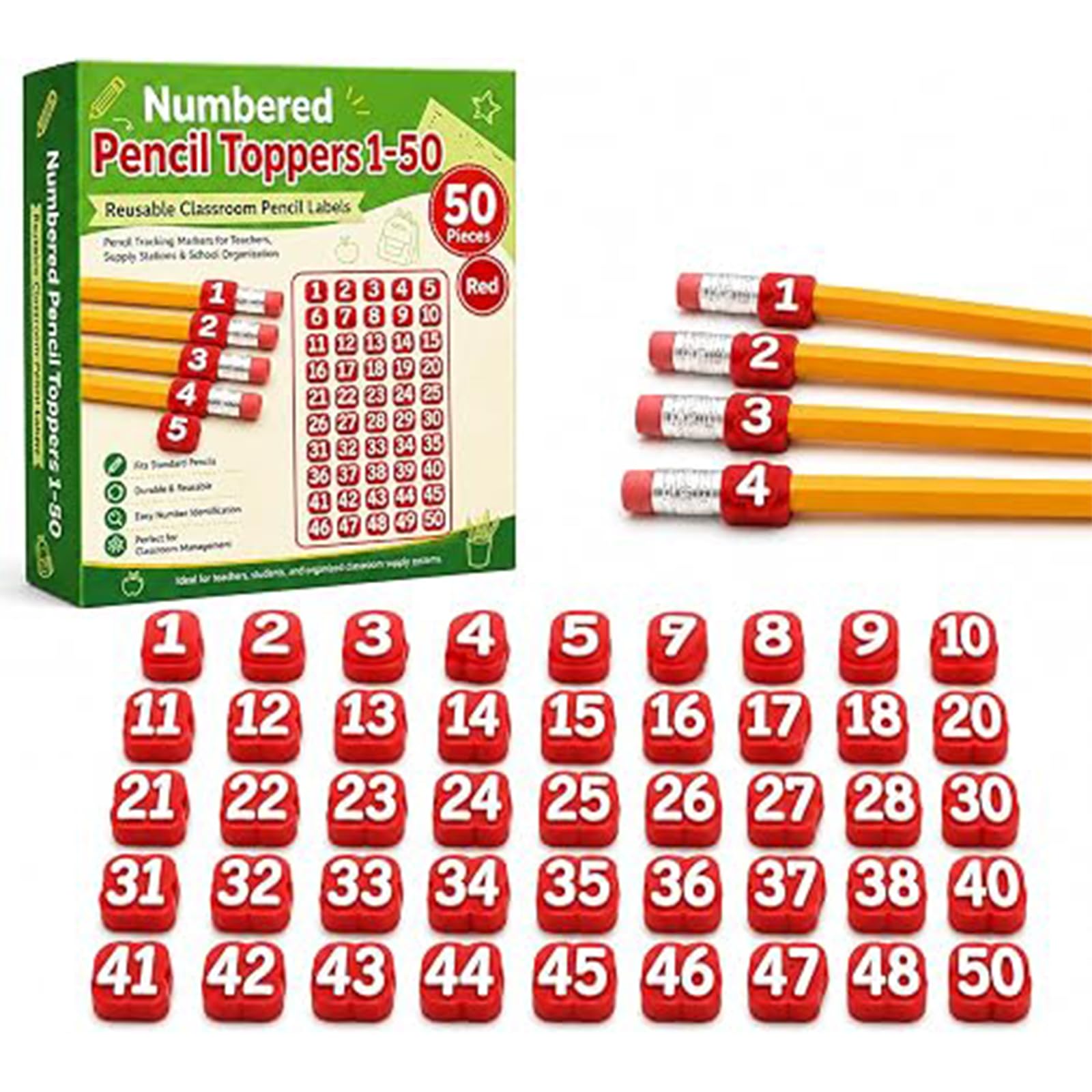20/30/50 Pcs Numbered Pencil Toppers, Reusable Classroom Pencil Labels for Supply Tracking Station & Organization, Classroom Management Must Haves for Teachers (Red, Number 1-50)