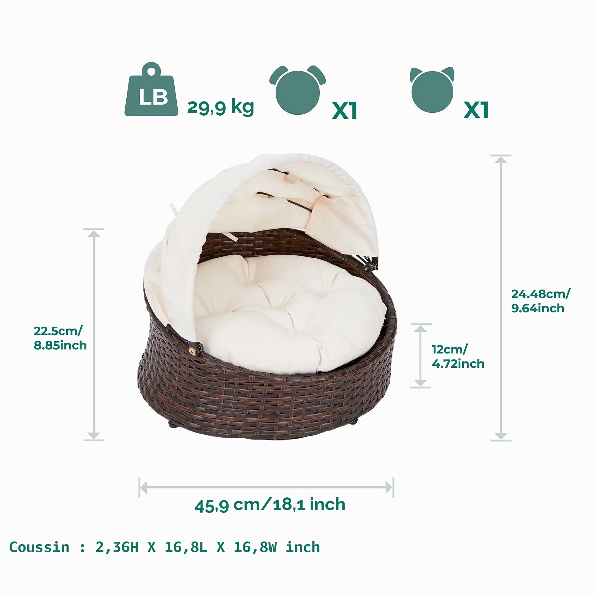 Teamson Panier lit en Osier Niche Chien Chat avec Coussin Amovible Lavable Marron crème Clotho Pets ST-N10004-UK