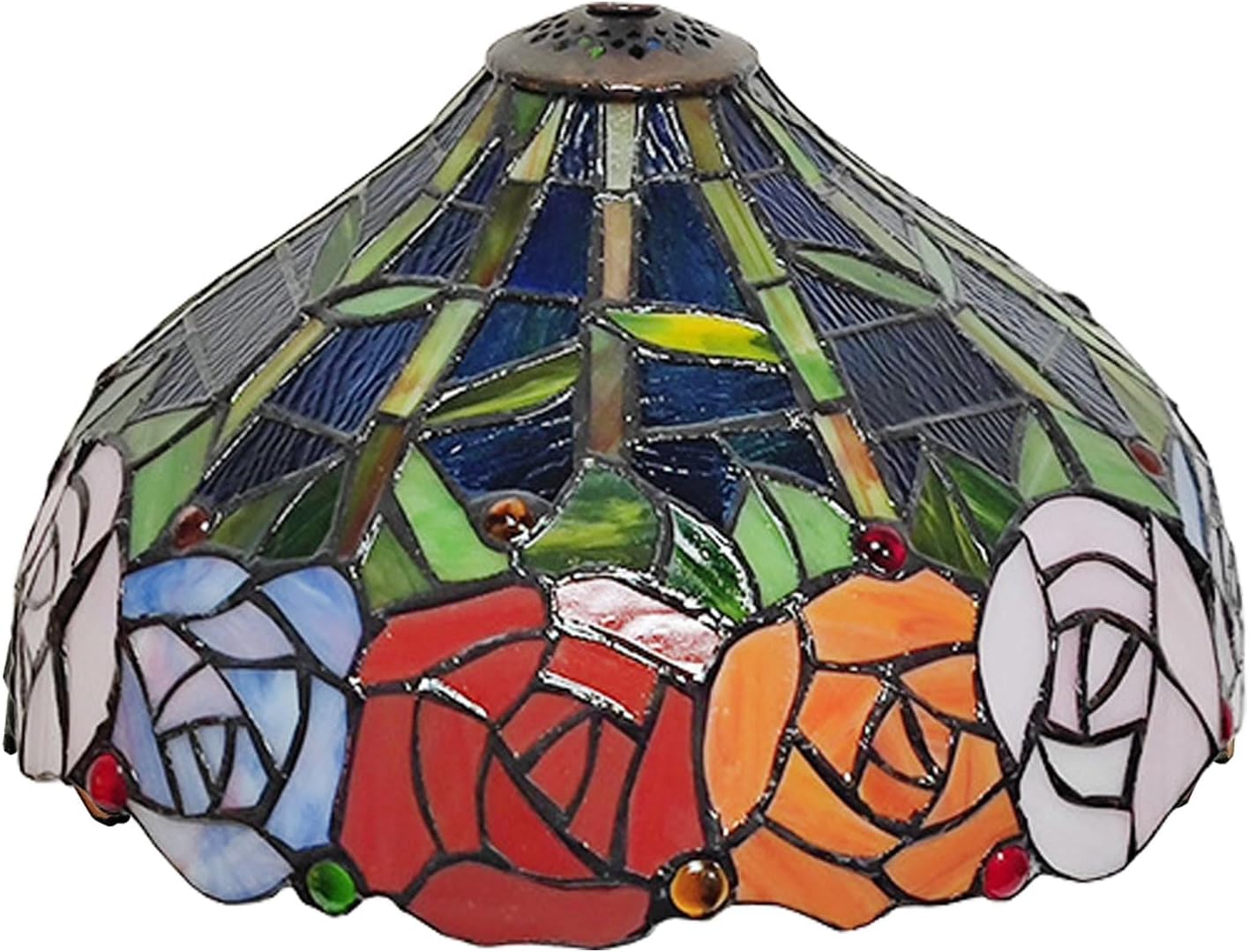 Tiffany Lampshades Replacement, 12-Inch Rose Stained Glass Lamp Shade with Cap, Red Blue Orange Pink Yellow Flowers, Only for Table Lamp Pendant Light Ceiling Fixture,R2