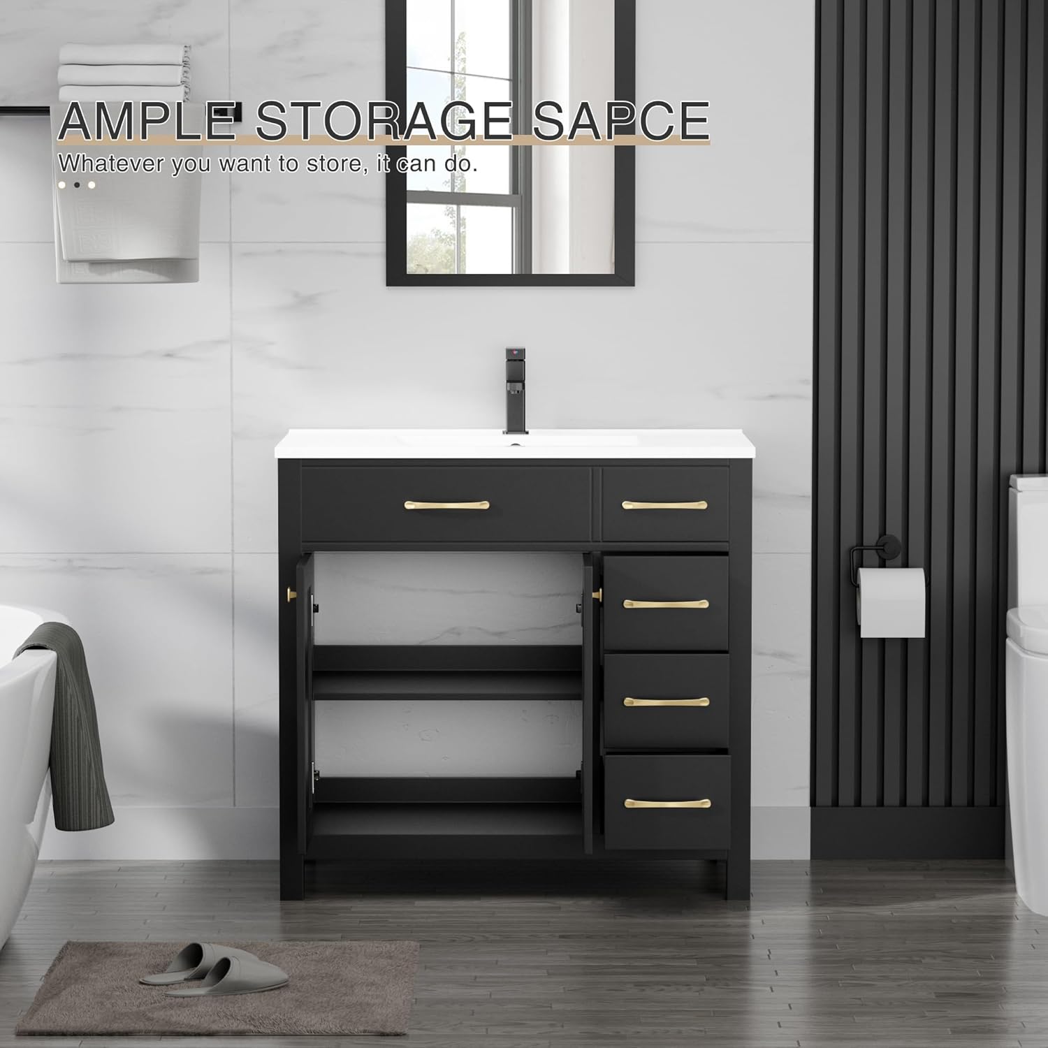 LUCKWIND 36" Bathroom Vanity with Sink Combo, Painted Modern Bathroom Storage Cabinet with Large Sink, Two Doors and Three Drawers, Include Faucet, Without Mirror, Black