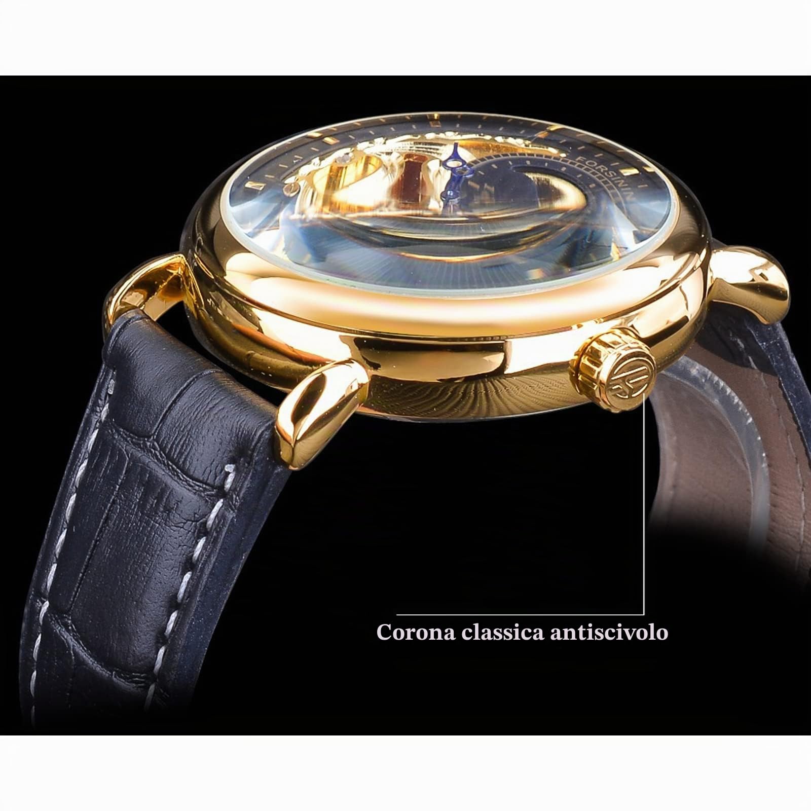 FORSINING Orologio da polso da uomo automatico a carica automatica, con cinturino in silicone nero, stile retrò, scheletro, fasi lunari, grande quadrante meccanico