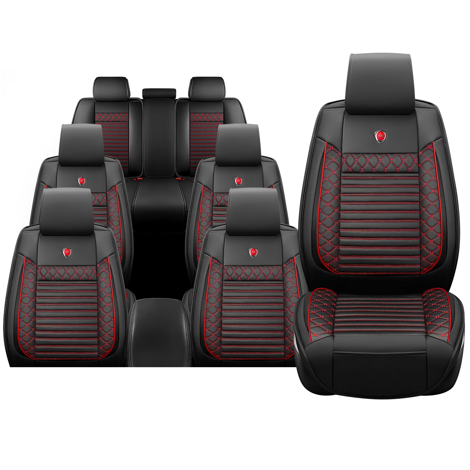 7-Seat Car Seat Covers for Ford Explorer 2012-2025, Front and Rear Split Bench Seat Protectors Anti-Slip & Wear-Resistant Faux Leather(7 Seat Standard, Black-Red