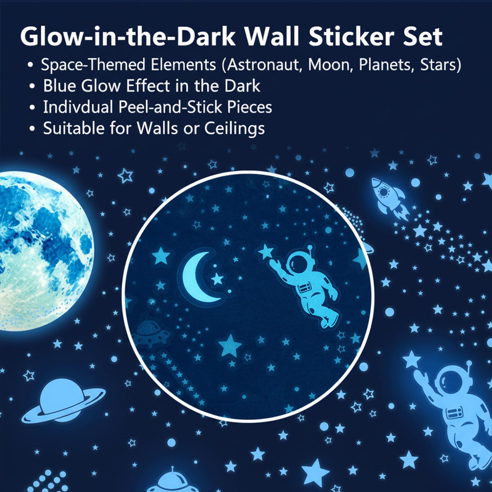 Glow in The Dark Stickers 1199pcs - Luminous Stars, Moon, Rocket 、 Planets Wall, Blue, Extra Large - Image 4