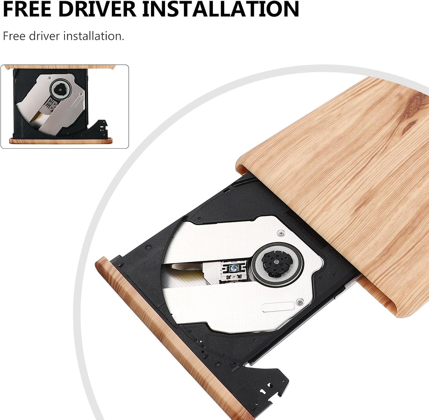 USB 3.0 Type-c External DVD CD Burner Drive Portable Optical Disc Writer for Laptop Computer, Compatible with Windows, Wood Grain Design, CD DVD ROM Play Tray