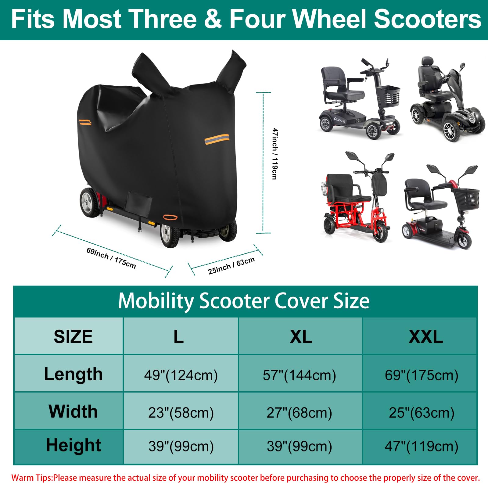 Fundas para scooter de movilidad para almacenamiento exterior, cubierta impermeable para scooter de movilidad 420D, capucha de espejo retrovisor, tiras reflectantes, hebillas resistentes al viento y