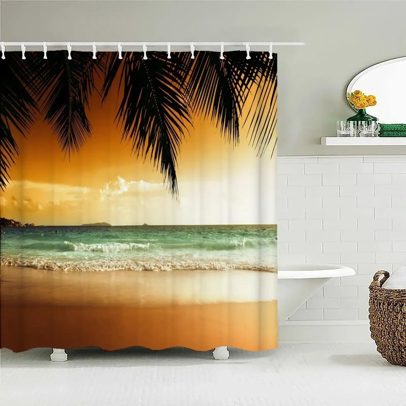 Rideau de douche en tissu avec crochets motif palmier plage 138x153