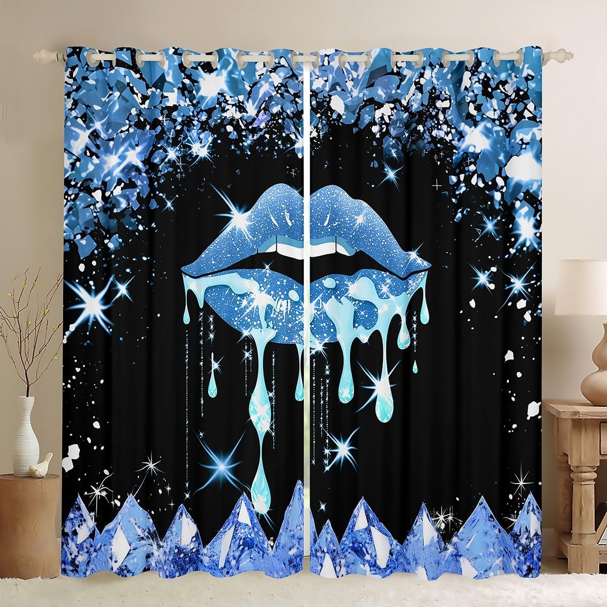 Sexy Lips Curtains for Living Room,Shining Blue Sequins Sparkling Romantic Window Drapes Bedroom Blackout 30%-50%,Luxury Lipstick Starry Glitter Diamond Window Treatment 2 Panels,38Wx45L