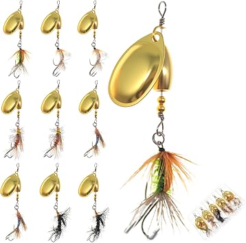 10pcs Trout Spinner Lures with Brass Blade,Rooster Tail Fishing Spinner Baits for Trout, Bass, Salmon, Pike in Lake River Freshwater Saltwater