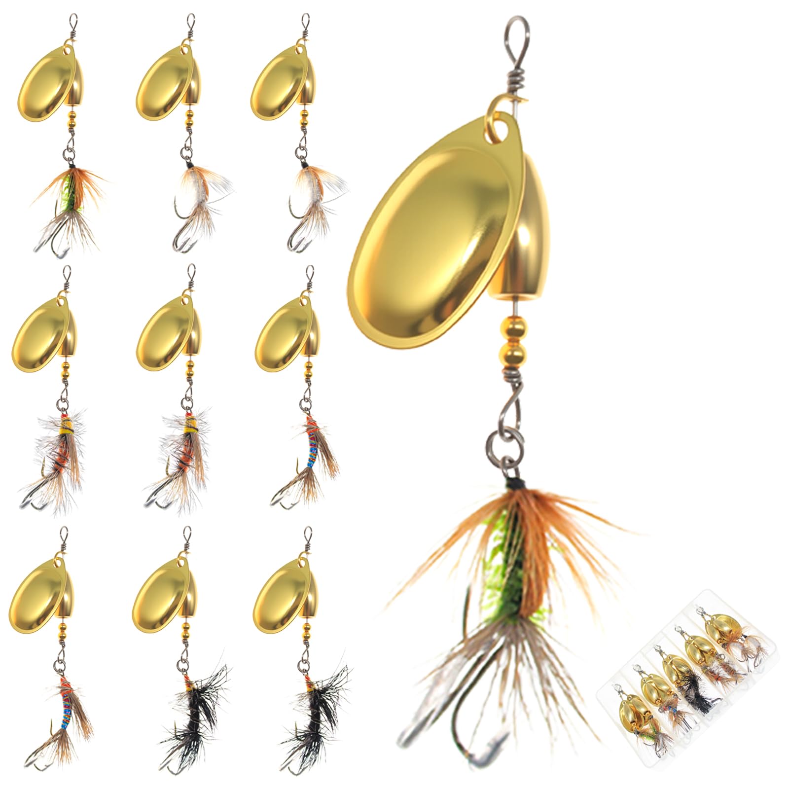 10pcs Trout Spinner Lures with Brass Blade,Rooster Tail Fishing Spinner Baits for Trout, Bass, Salmon, Pike in Lake River Freshwater Saltwater