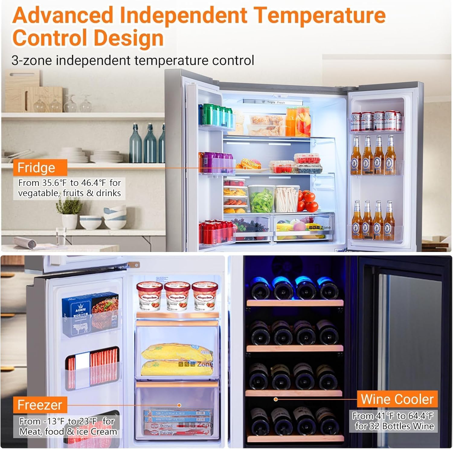 ExploreHorizon 36-inch French Door Refrigerator, 21 Cu.Ft. Counter-Depth 4-Door Design with Bottom Freezer & Wine Storage, Stainless Steel Kitchen Refrigerator with Adjustable Shelves on Fridge.com