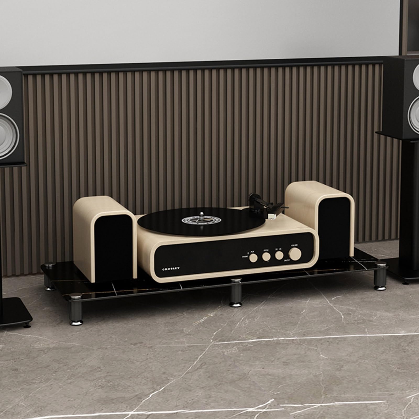 Meuble CD porte-disques vinyle noir et or 120x45cm avec étagère d'amplificateur réglable