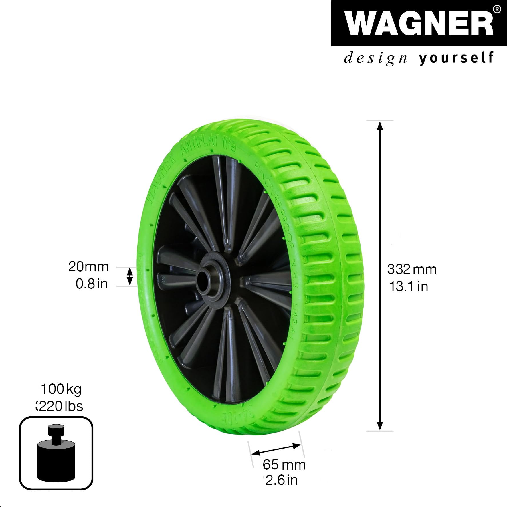 Wagner 04833201 koło do taczki – odporne na przebicie – koło z pianki PU, średnica koła 332 x 65 mm, otwór osi 20 mm, nośność 150 kg