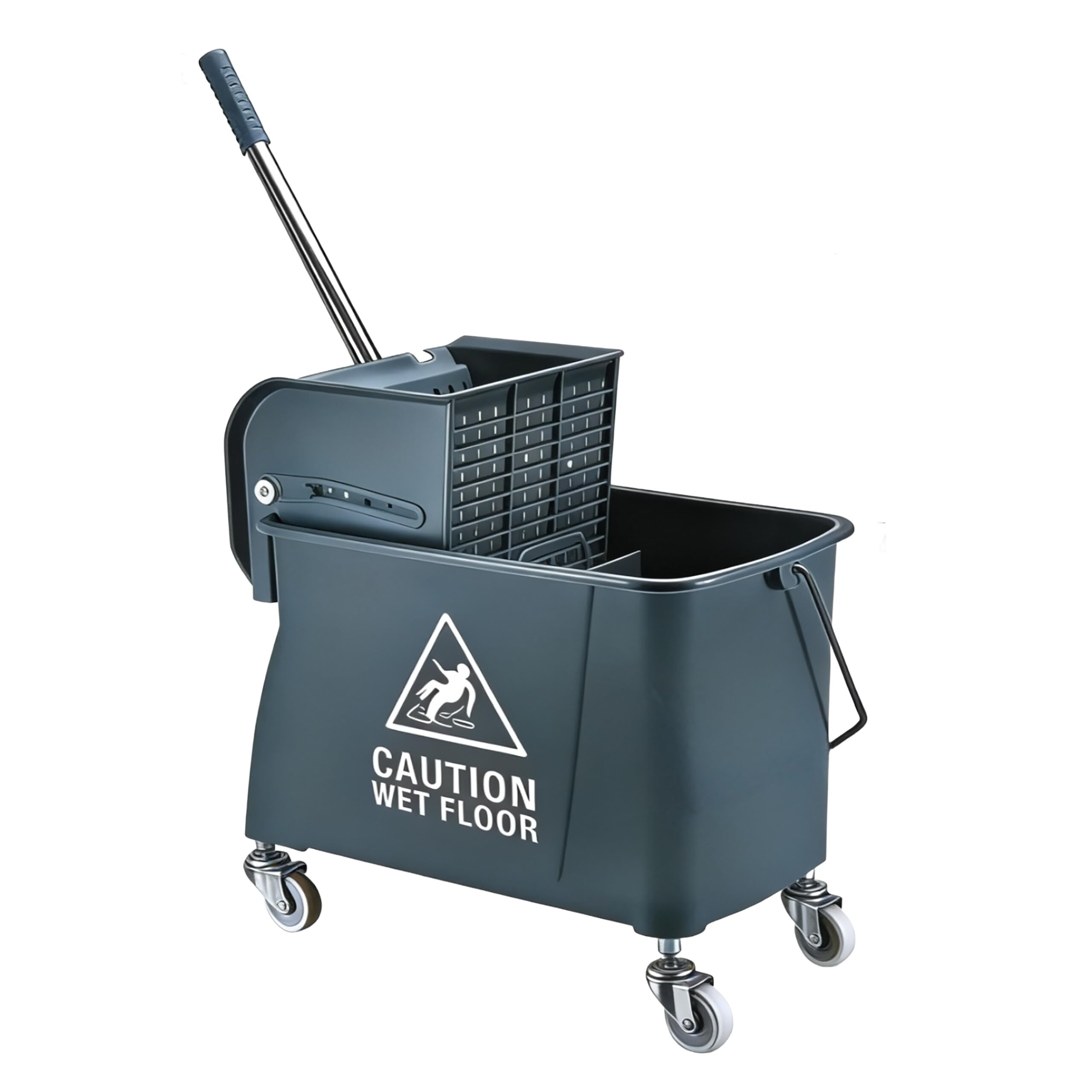 Relaxdays Reinigungswagen, 2-Kammer-System, Putzwagen mit Presse, Mopphalter, HBT: 66x44x28 cm, Wischwagen, PP, grau