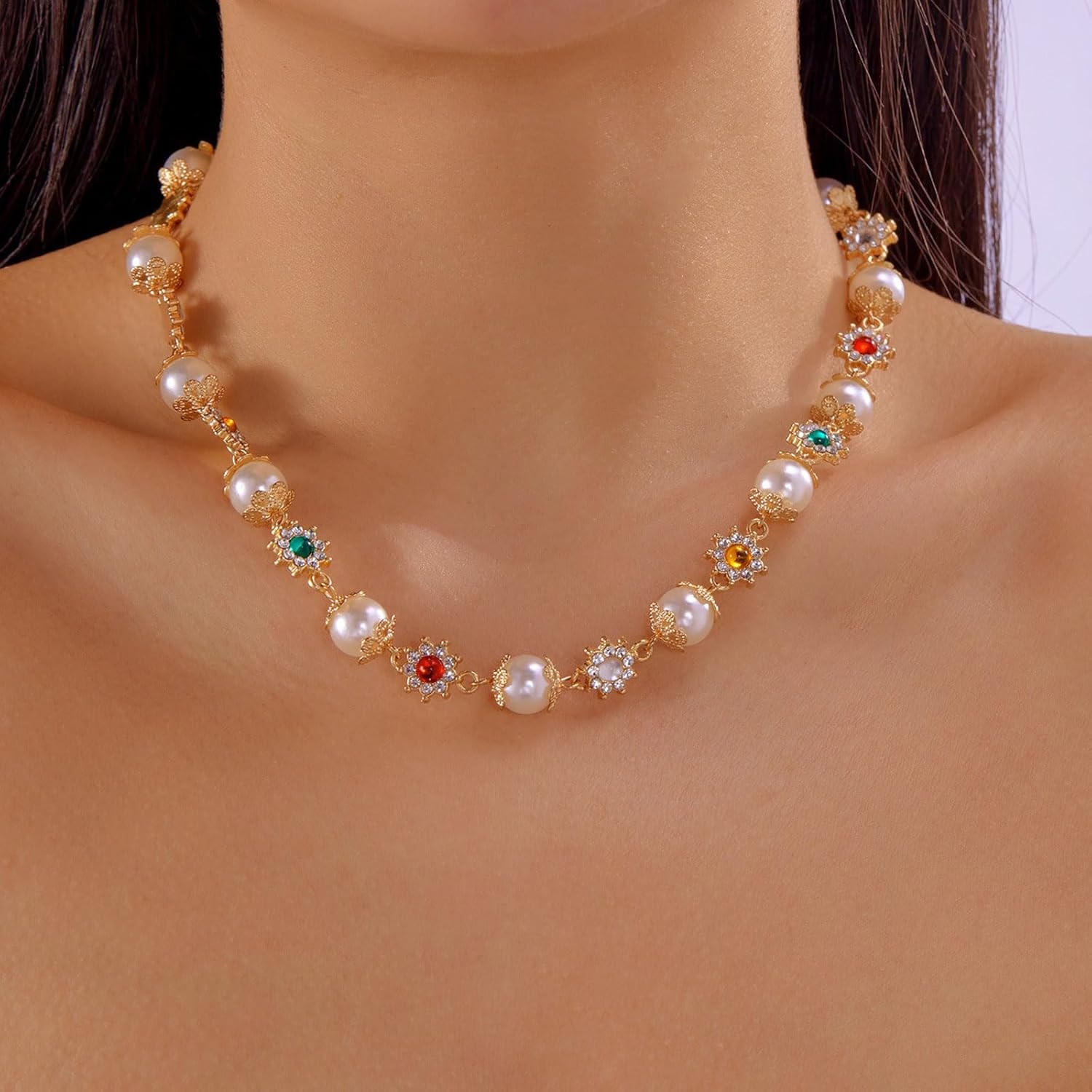 Color Daisy Pearl Choker Necklace for Women Colorful Pearl Flower Choker Necklace Dainty Pearls Statement Necklaces Wedding Bridal Jewelry Gifts - Image 2