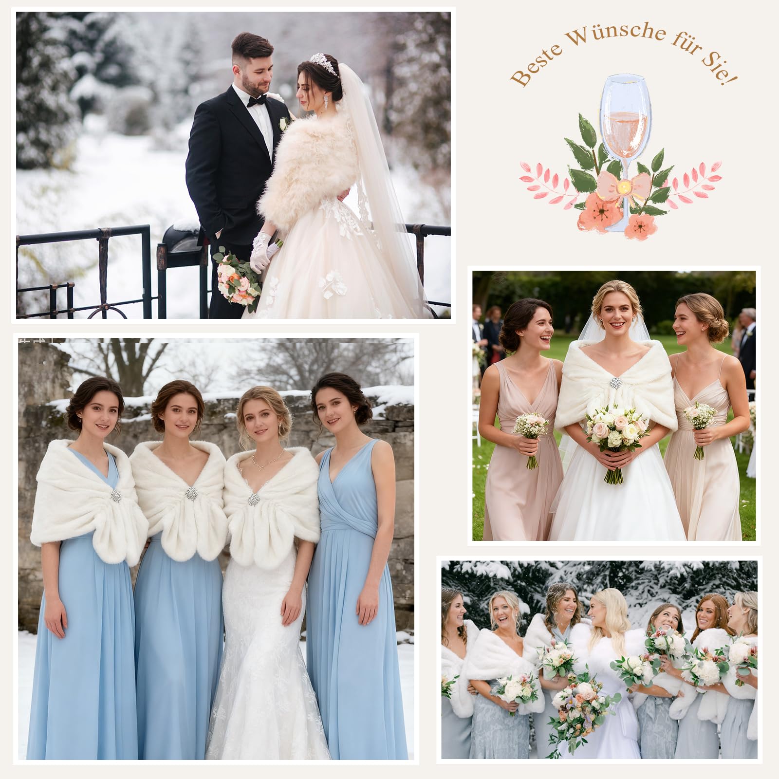 Kunstfell-Stola für Frauen,Elegante Brautstola mit Brosche für Hochzeit, Abendkleid & Party, Flauschige weiße Abendcape für Braut, Brautjungfern & Cheongsam (Einheitsgröße)