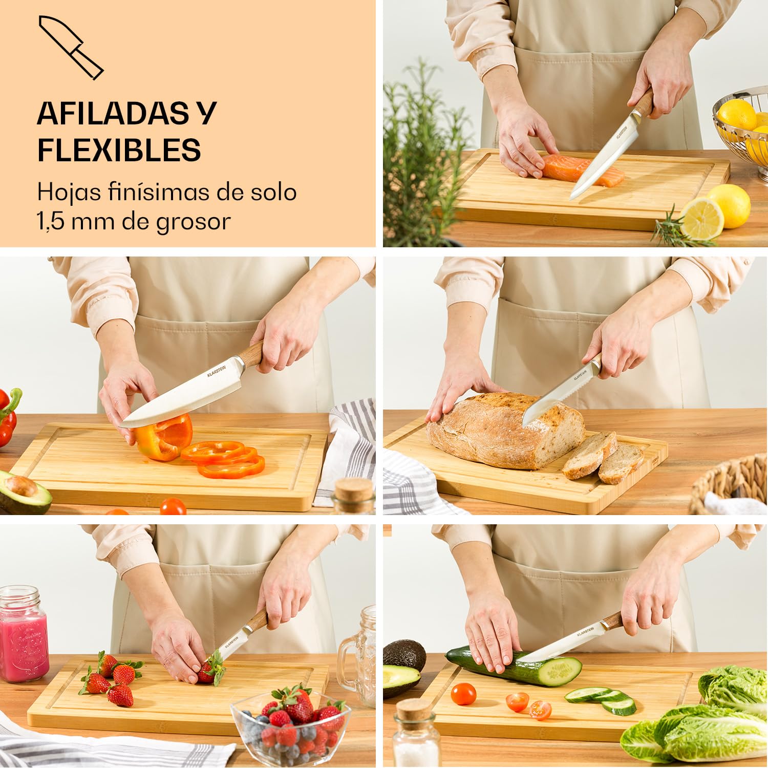 Zelite Juego de Cuchillos Cocina y Bloque Cuchillo, 5 Set Cuchillos Cocina Profesional y Tabla de Cortar Acacia con Afilador, Juego de Chef Acero Inoxidable Profesionales, Anti Arañazos
